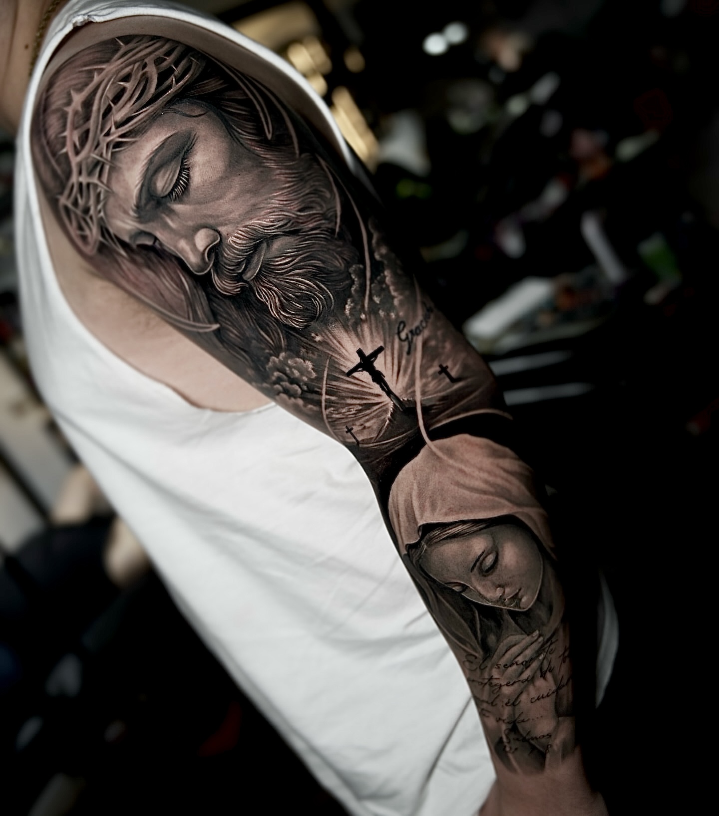 Hyper realism Jesus sleeve tattoo