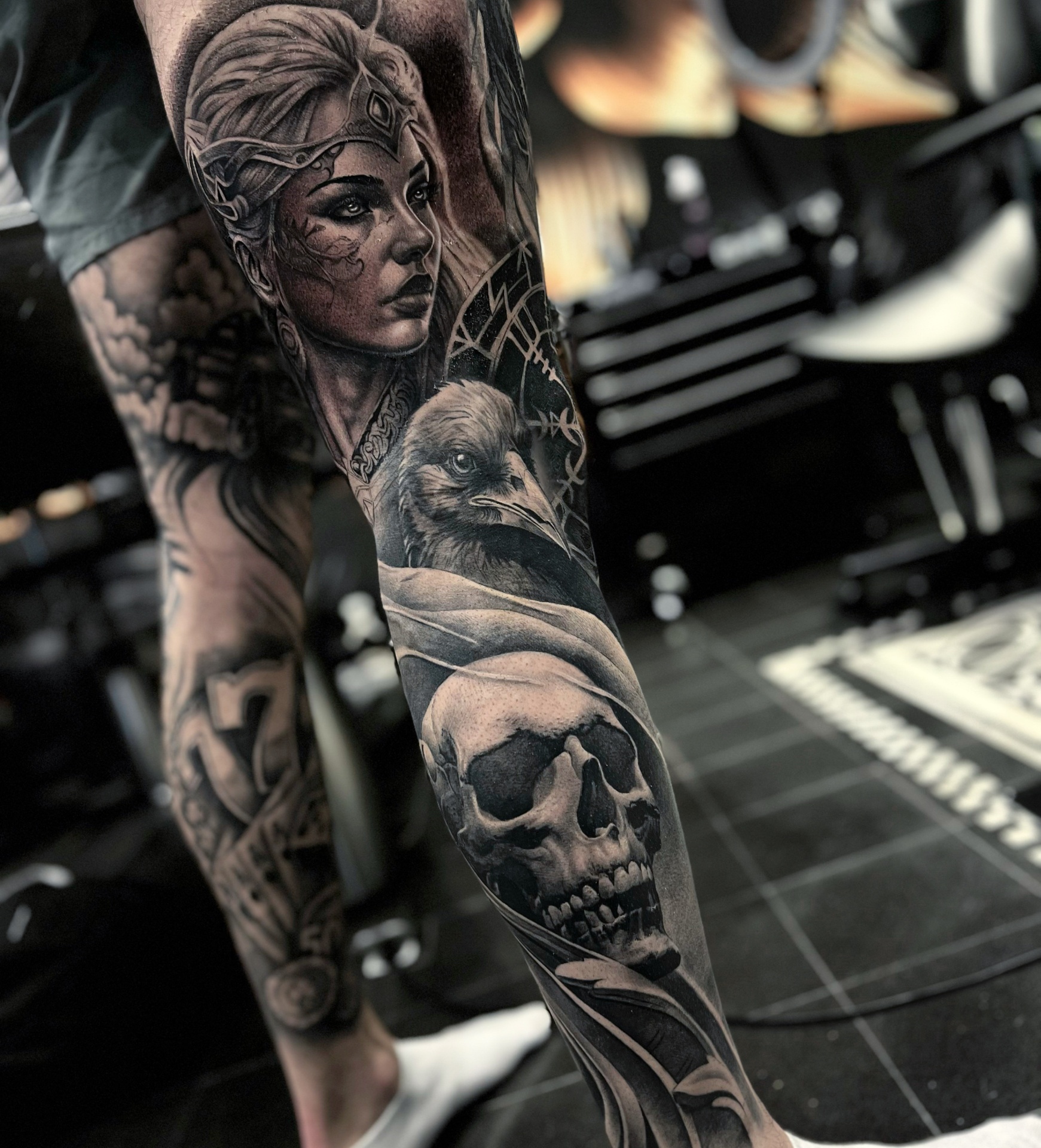 Hyper realism lion sleeve tattoo